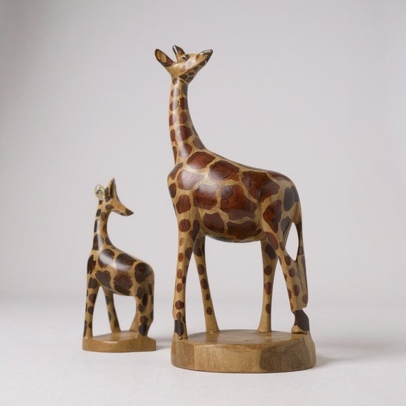 Hand-Carved Mahogany African Giraffe 12” & 6” Wood Figures - Picture 3 of 9